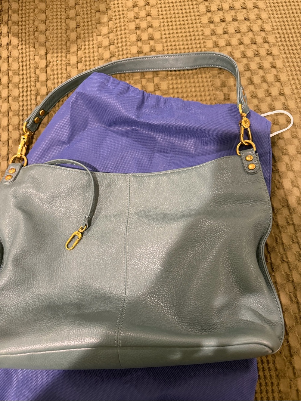 HOBO Slate Blue Pebbled Leather Shoulder Bag with Gold Hardware and card holder